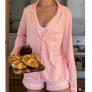 Gooseberry Intimates Womens Peach Pink Contrast Piping Cozy PJ Pajama Set Size M